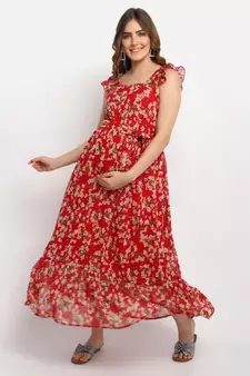 Moms Maternity Women's Maternity Georgette Floral Print Red Maxi Dress