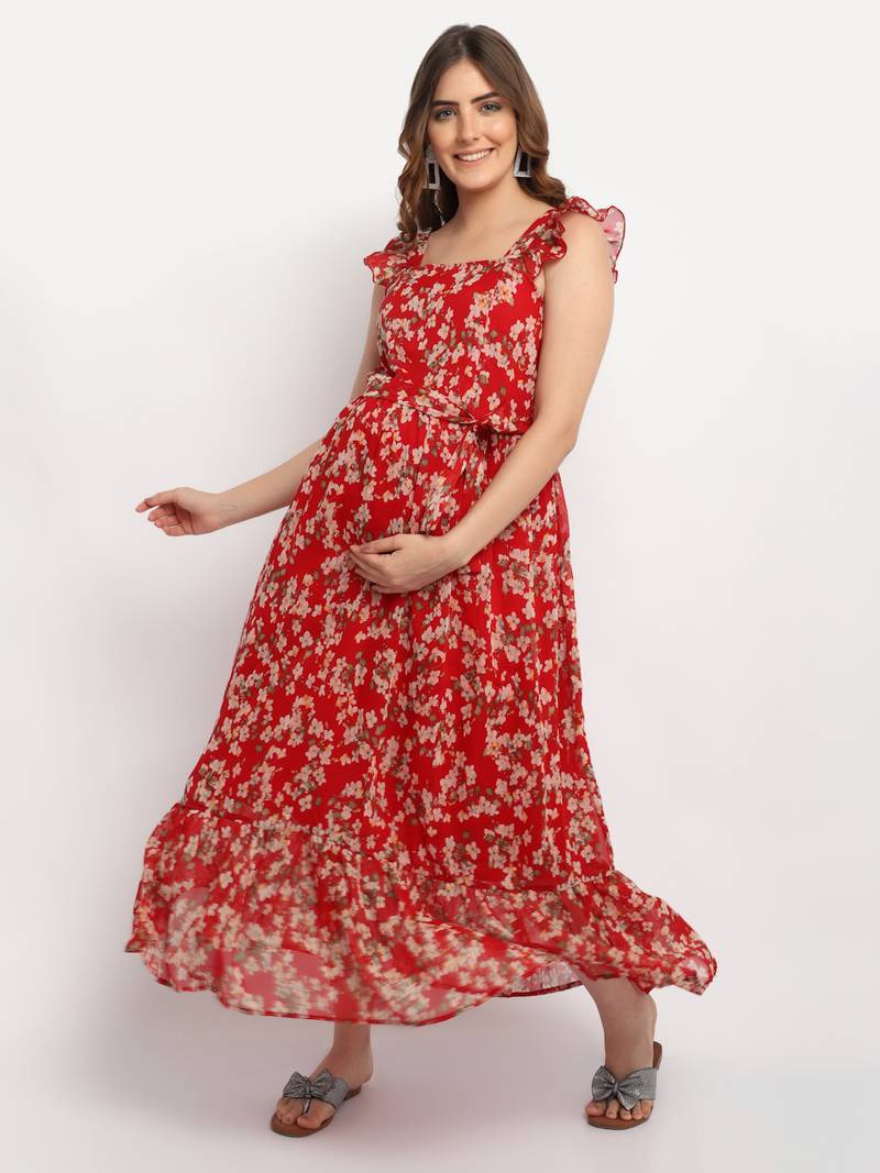 Moms Maternity Women's Maternity Georgette Floral Print Red Maxi Dress