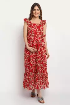 Moms Maternity Women's Maternity Georgette Floral Print Red Maxi Dress