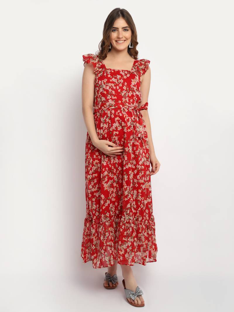 Moms Maternity Women's Maternity Georgette Floral Print Red Maxi Dress