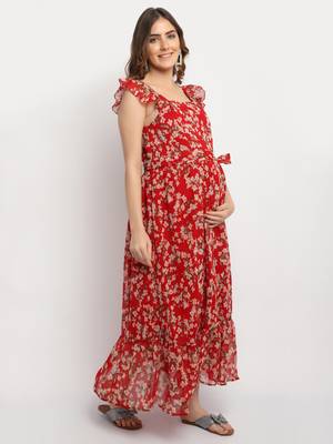 Moms Maternity Women's Maternity Georgette Floral Print Red Maxi Dress 4