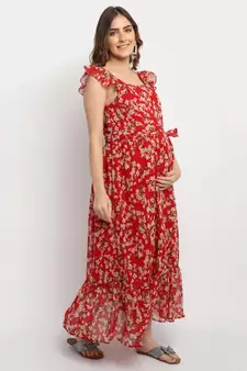 Moms Maternity Women's Maternity Georgette Floral Print Red Maxi Dress