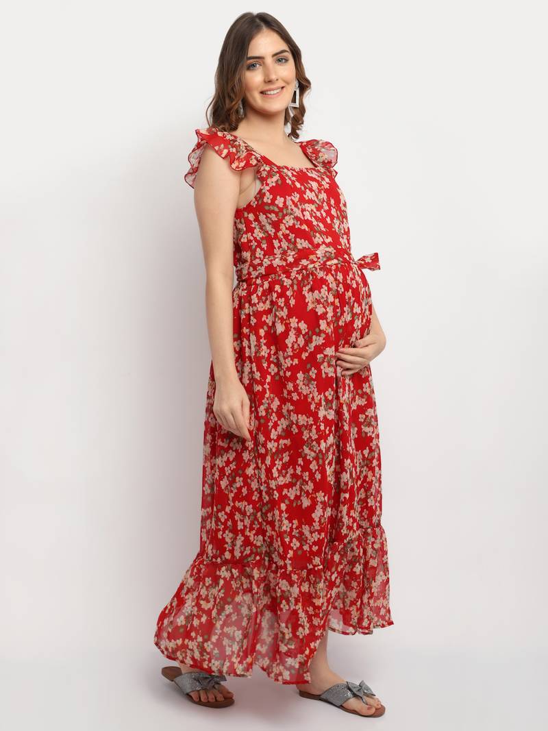 Moms Maternity Women's Maternity Georgette Floral Print Red Maxi Dress