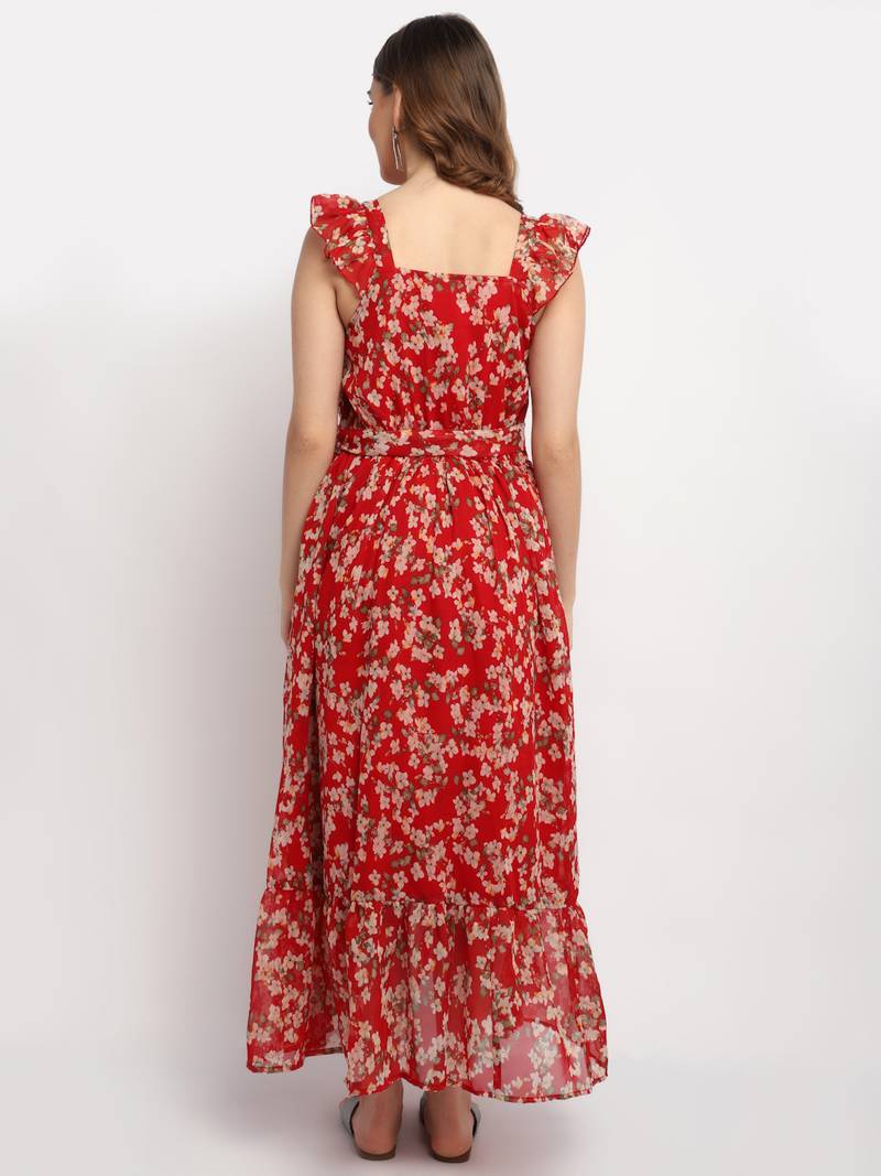 Moms Maternity Women's Maternity Georgette Floral Print Red Maxi Dress