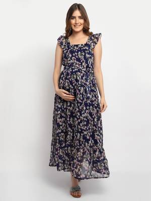 Moms Maternity Women's Maternity Georgette Floral Print Navy Blue Maxi Dress 1