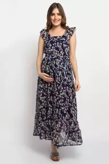 Moms Maternity Women's Maternity Georgette Floral Print Navy Blue Maxi Dress
