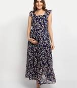 Moms Maternity Women's Maternity Georgette Floral Print Navy Blue Maxi Dress