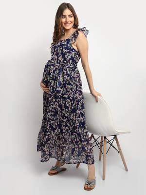 Moms Maternity Women's Maternity Georgette Floral Print Navy Blue Maxi Dress 2