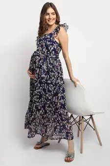 Moms Maternity Women's Maternity Georgette Floral Print Navy Blue Maxi Dress
