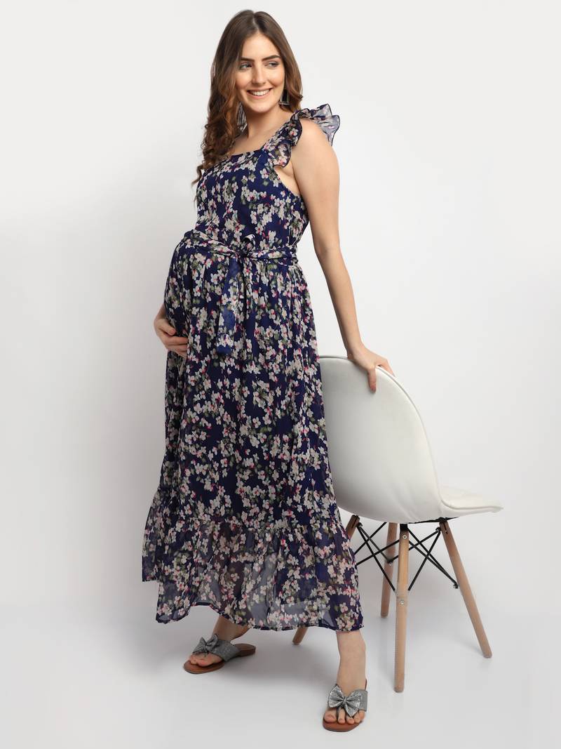Moms Maternity Women's Maternity Georgette Floral Print Navy Blue Maxi Dress