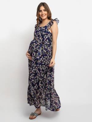 Moms Maternity Women's Maternity Georgette Floral Print Navy Blue Maxi Dress 3