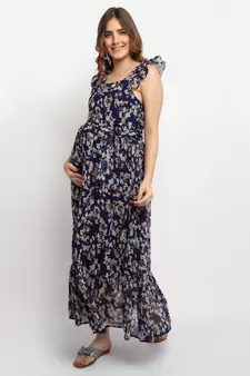 Moms Maternity Women's Maternity Georgette Floral Print Navy Blue Maxi Dress