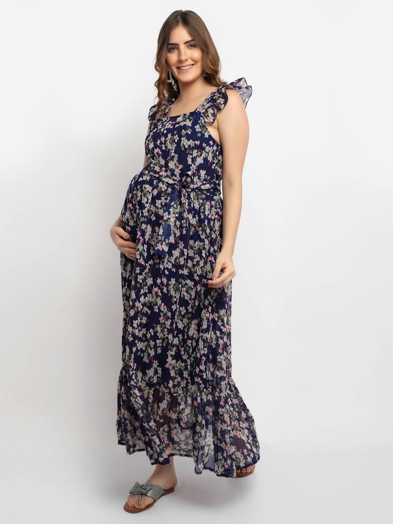 Moms Maternity Women's Maternity Georgette Floral Print Navy Blue Maxi Dress