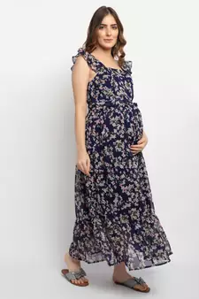 Moms Maternity Women's Maternity Georgette Floral Print Navy Blue Maxi Dress