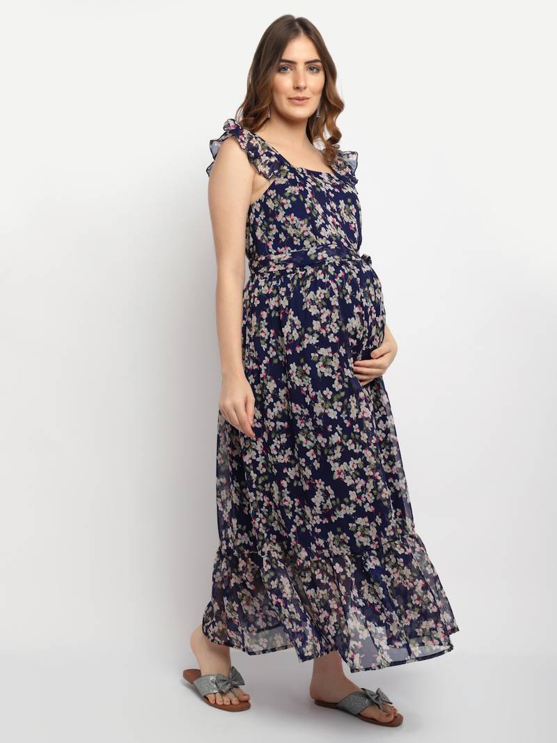 Moms Maternity Women's Maternity Georgette Floral Print Navy Blue Maxi Dress