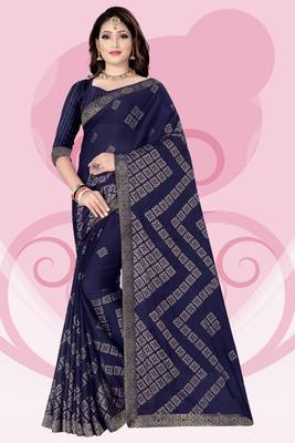 Navy Blue Printed Rangoli Silk Saree With Blouse Piece 1