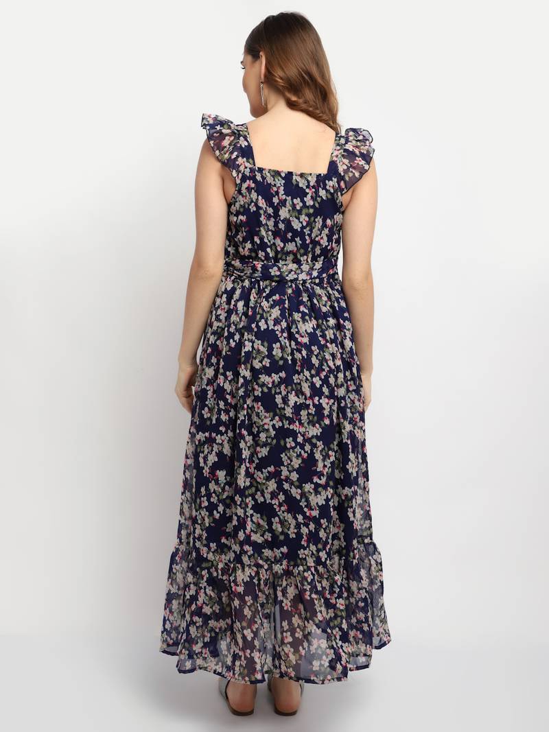 Moms Maternity Women's Maternity Georgette Floral Print Navy Blue Maxi Dress