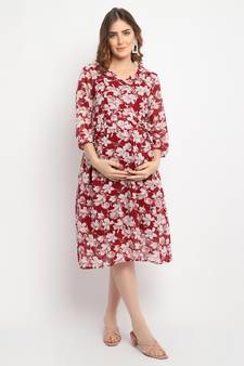 Moms Maternity Women's Maternity Georgette Floral Print Maroon Midi Dress