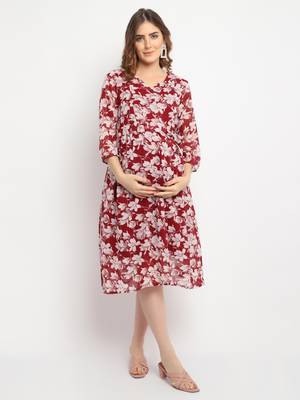 Moms Maternity Women's Maternity Georgette Floral Print Maroon Midi Dress 1