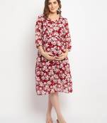 Moms Maternity Women's Maternity Georgette Floral Print Maroon Midi Dress