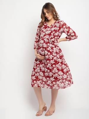Moms Maternity Women's Maternity Georgette Floral Print Maroon Midi Dress 2