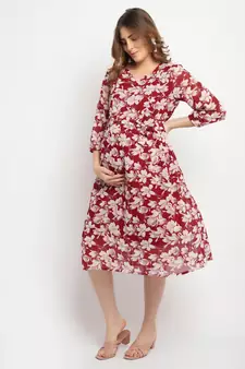 Moms Maternity Women's Maternity Georgette Floral Print Maroon Midi Dress