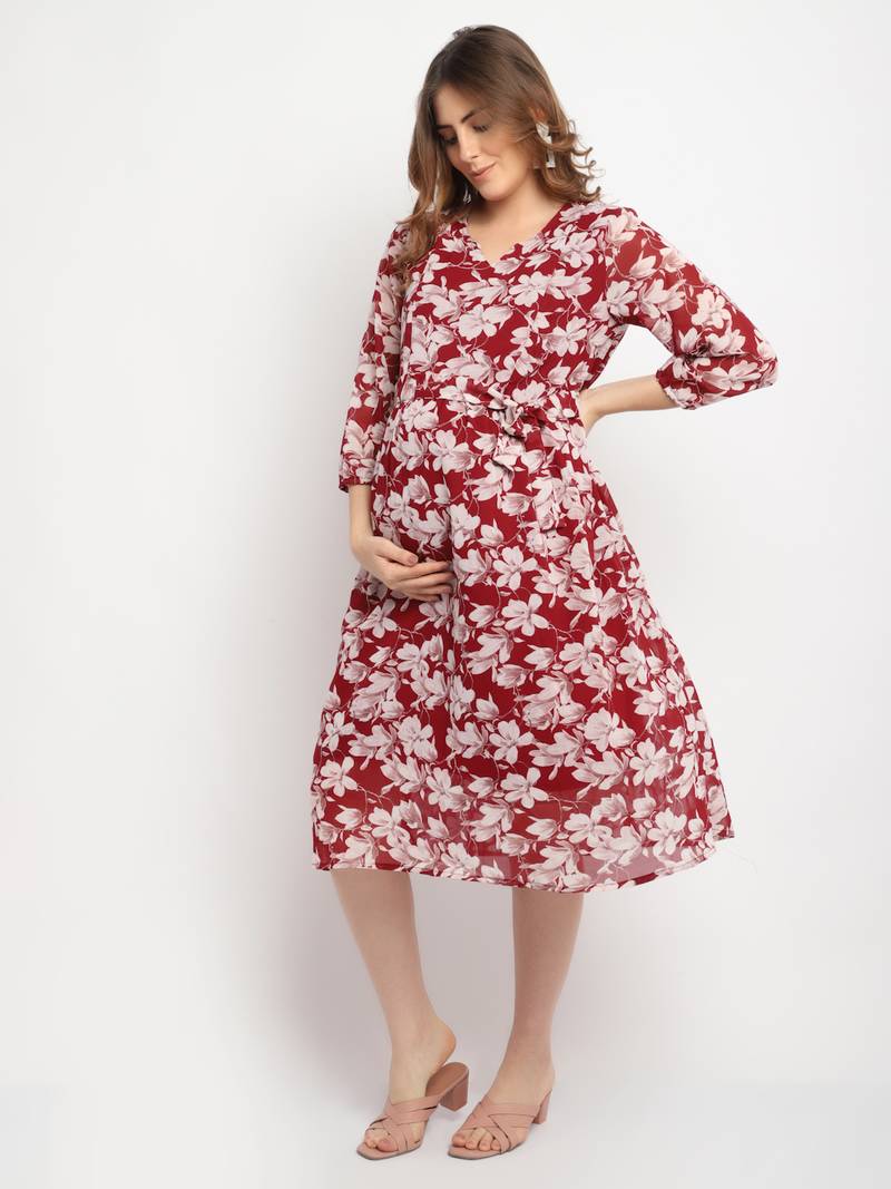 Moms Maternity Women's Maternity Georgette Floral Print Maroon Midi Dress
