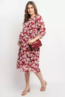Moms Maternity Women's Maternity Georgette Floral Print Maroon Midi Dress