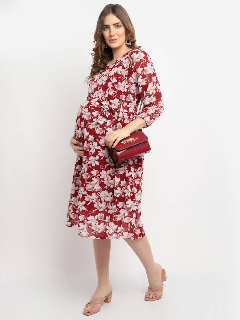 Moms Maternity Women's Maternity Georgette Floral Print Maroon Midi Dress