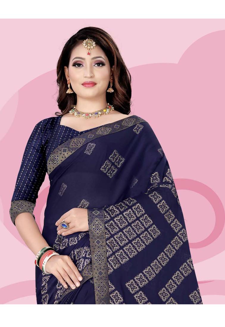 Navy Blue Printed Rangoli Silk Saree With Blouse Piece