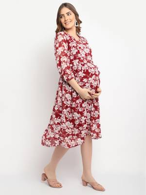 Moms Maternity Women's Maternity Georgette Floral Print Maroon Midi Dress 4