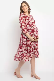 Moms Maternity Women's Maternity Georgette Floral Print Maroon Midi Dress