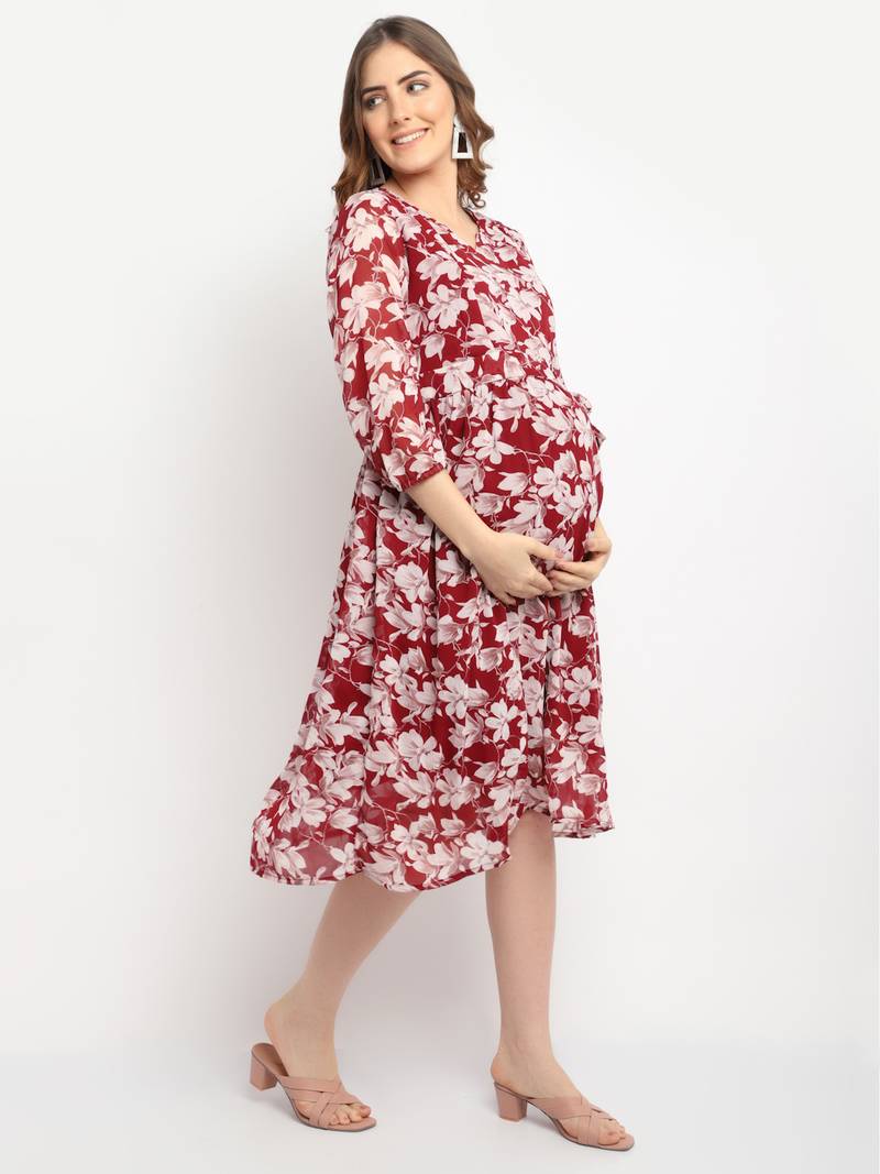 Moms Maternity Women's Maternity Georgette Floral Print Maroon Midi Dress