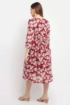 Moms Maternity Women's Maternity Georgette Floral Print Maroon Midi Dress