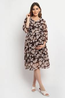 Moms Maternity Women's Maternity Georgette Floral Print Brown Midi Dress