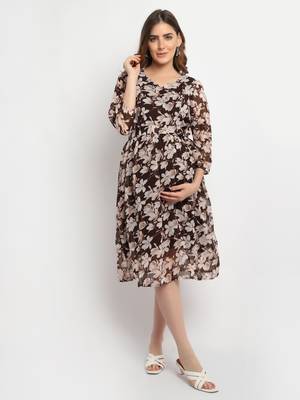 Moms Maternity Women's Maternity Georgette Floral Print Brown Midi Dress 1