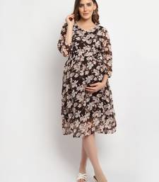 Moms Maternity Women's Maternity Georgette Floral Print Brown Midi Dress