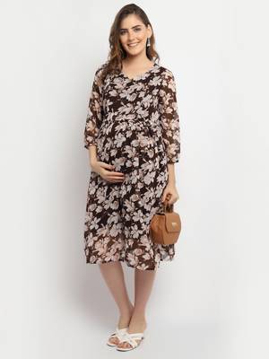 Moms Maternity Women's Maternity Georgette Floral Print Brown Midi Dress 2
