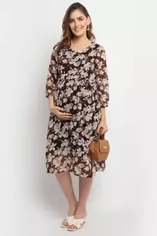Moms Maternity Women's Maternity Georgette Floral Print Brown Midi Dress