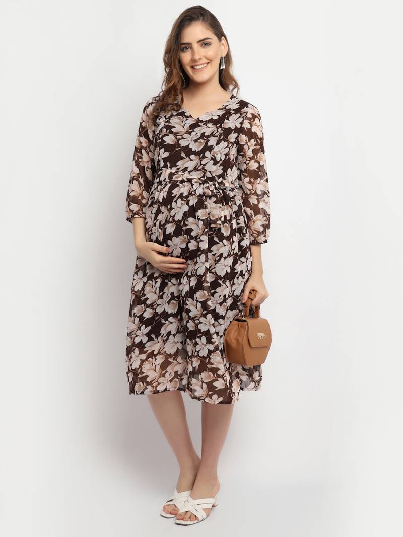 Moms Maternity Women's Maternity Georgette Floral Print Brown Midi Dress