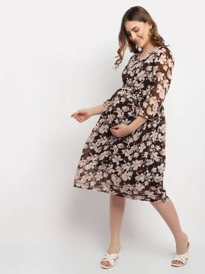 Moms Maternity Women's Maternity Georgette Floral Print Brown Midi Dress 3