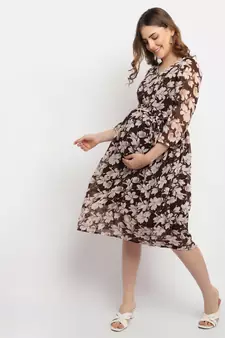 Moms Maternity Women's Maternity Georgette Floral Print Brown Midi Dress