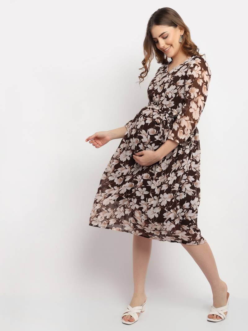 Moms Maternity Women's Maternity Georgette Floral Print Brown Midi Dress