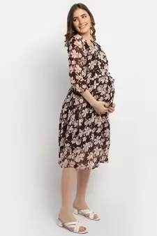 Moms Maternity Women's Maternity Georgette Floral Print Brown Midi Dress
