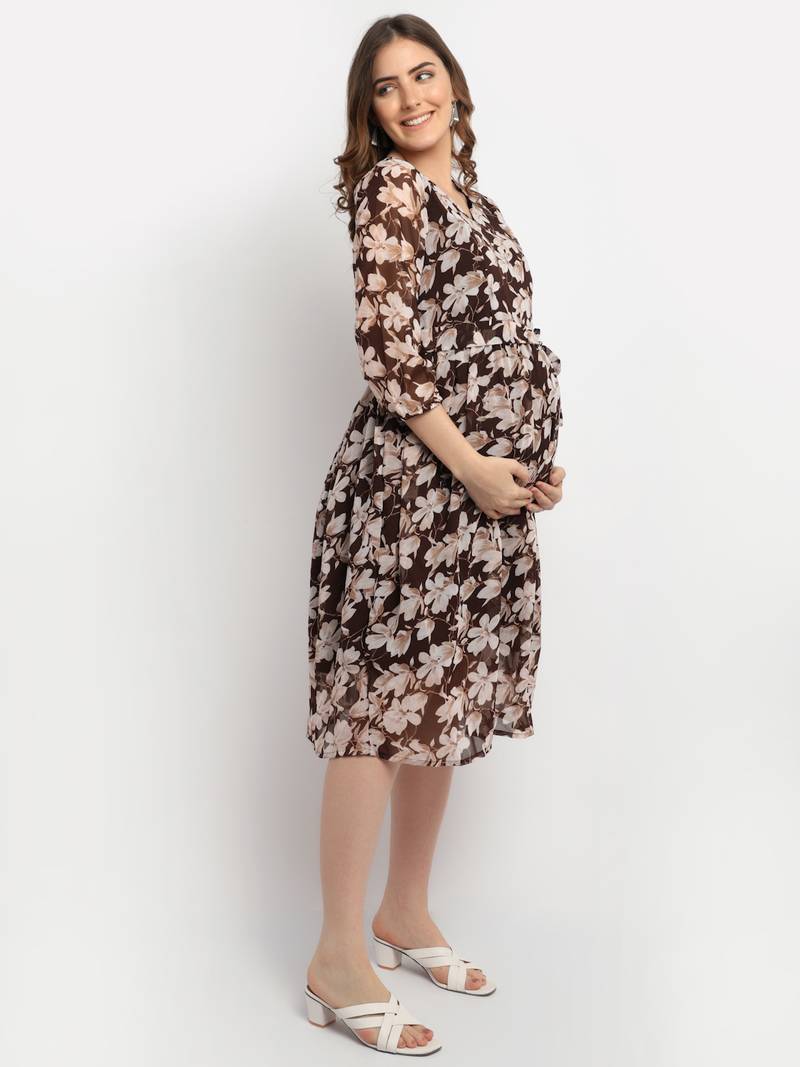 Moms Maternity Women's Maternity Georgette Floral Print Brown Midi Dress