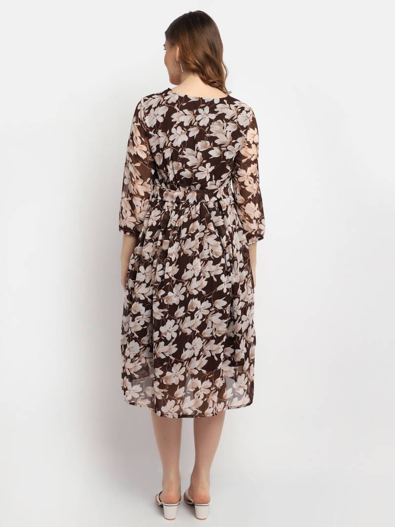 Moms Maternity Women's Maternity Georgette Floral Print Brown Midi Dress