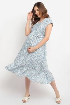 Moms Maternity Women's Maternity Rayon Floral Print Blue Midi Dress