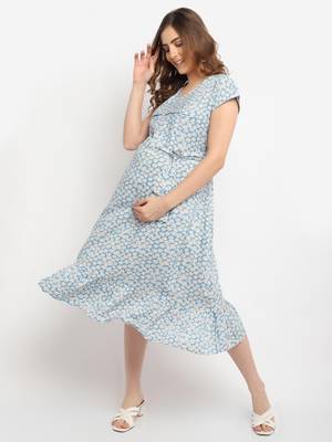 Moms Maternity Women's Maternity Rayon Floral Print Blue Midi Dress 1