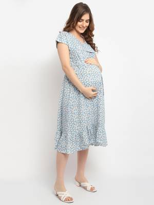 Moms Maternity Women's Maternity Rayon Floral Print Blue Midi Dress 2