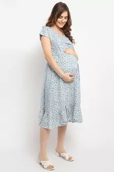 Moms Maternity Women's Maternity Rayon Floral Print Blue Midi Dress